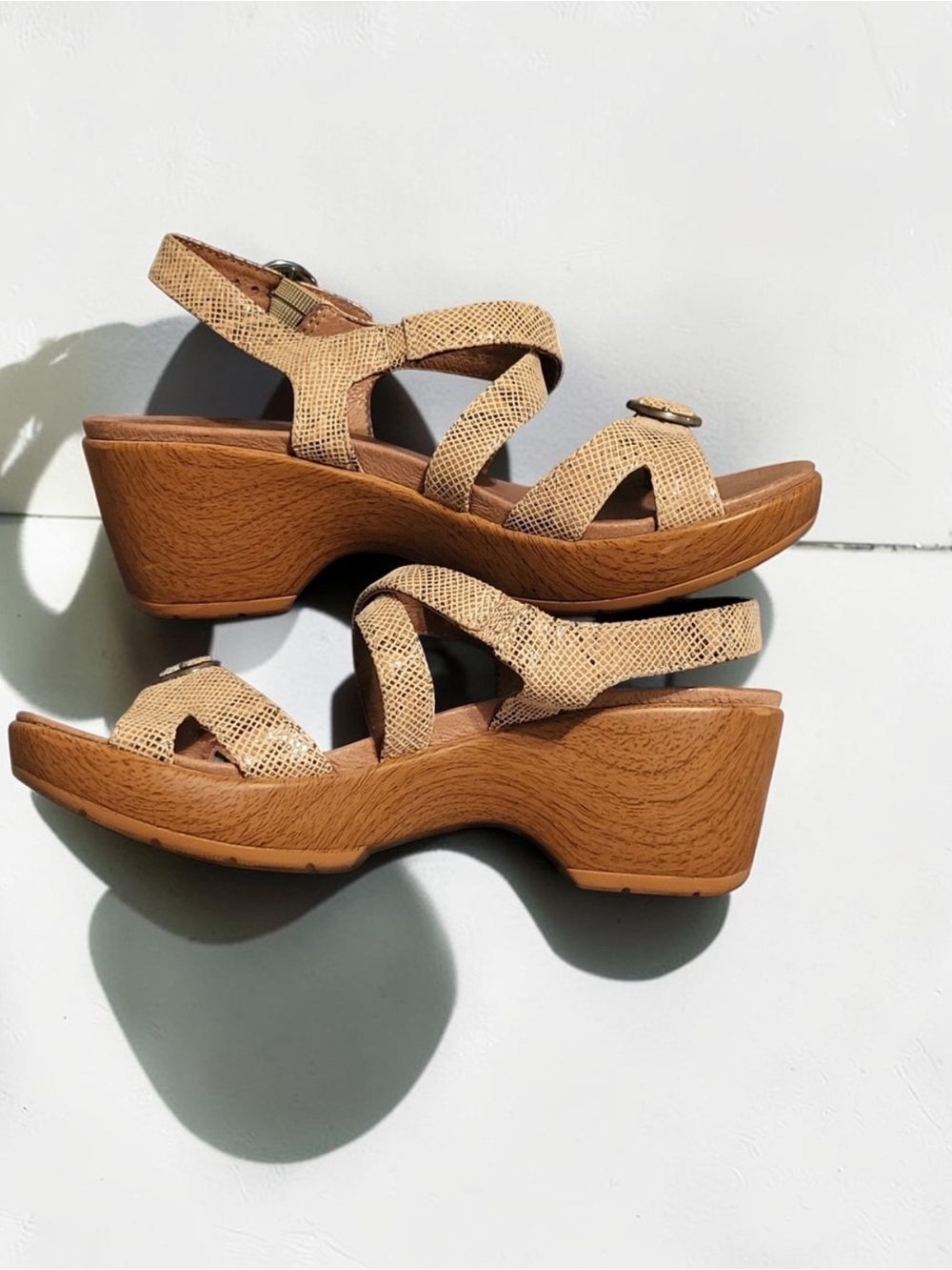 Dansko Beige Snake-Embossed Strappy Sandals with Gold Buckles 36